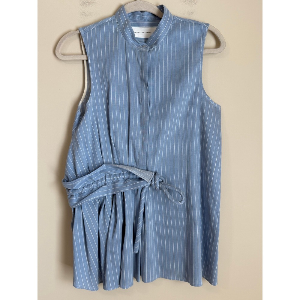 Victoria Victoria Beckham Sleevless Linen Blouse Sz 6 Blue Pinstripe Band Collar